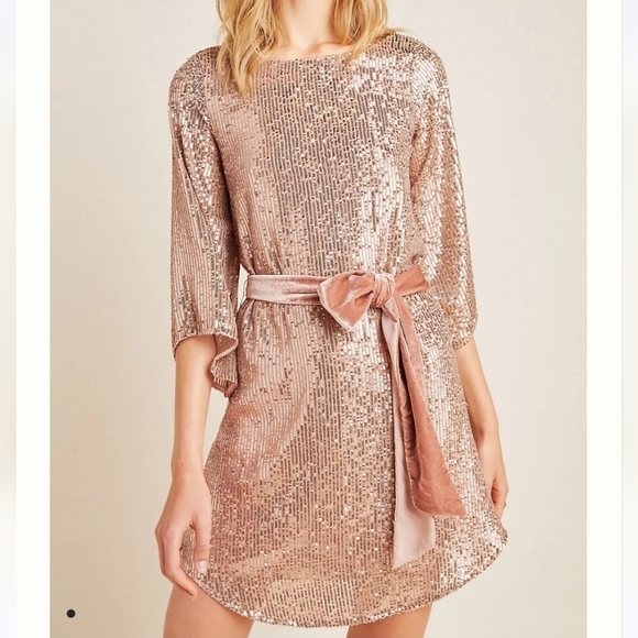 Anthropologie STARLING Sequined Tunic Rose Gold Dress W/ Velvet Sash/Belt - Picture 2 of 5